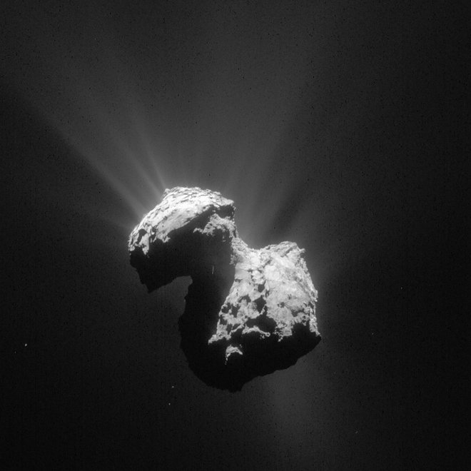 This single frame Rosetta navigation camera image of Comet 67P/Churyumov-Gerasimenko was taken on 7 July 2015 from a distance of 154 km from the comet centre. The image has a resolution of 13.1 m/pixel and measures 13.4 km across. Courtesy: ESA/Rosetta/NAVCAM