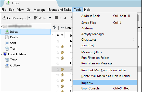 • Start your Thunderbird email client, click on Tool and click on Import….